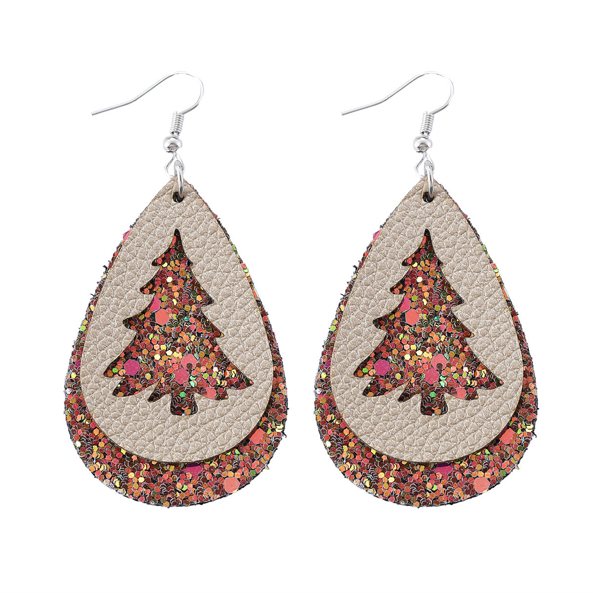 Wholesale Christmas Tree Sequin Leather Water Drop Multi-layer Earrings